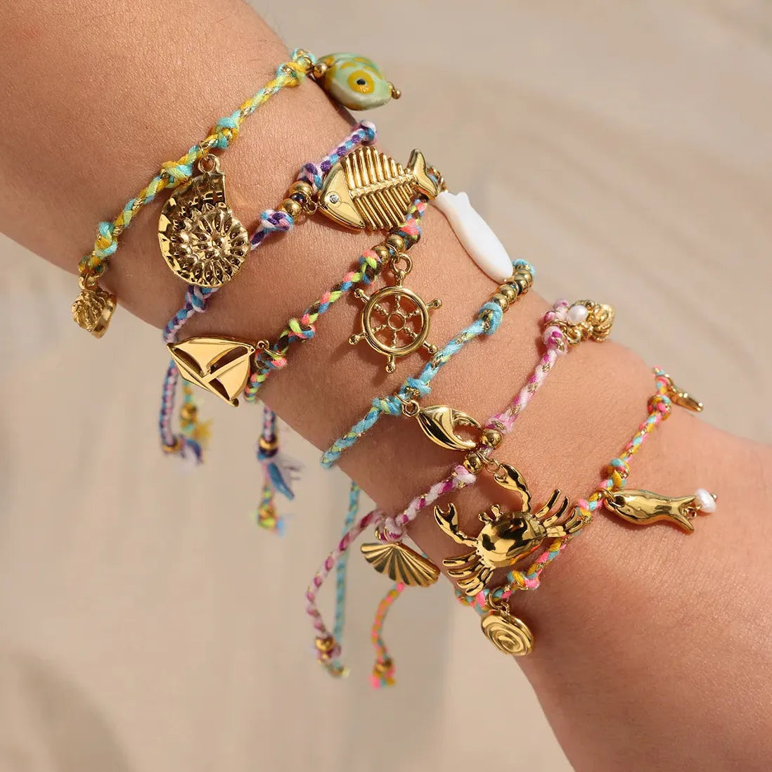 Handmade Woven Fish Bone Shell Pendant Bracelet Stainless Steel Jewelry Charm