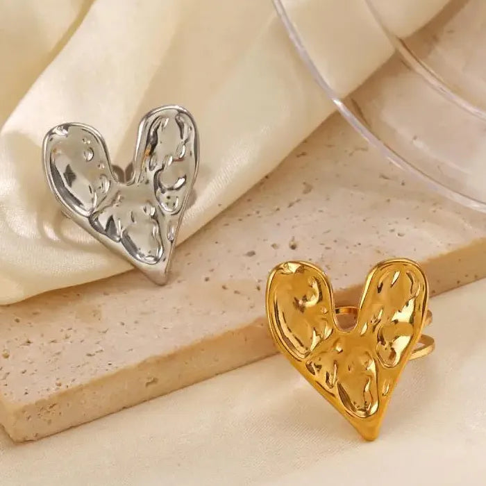 18K Gold Color Stainless Steel Heart Pattern Double Thin Ring Women Jewelry