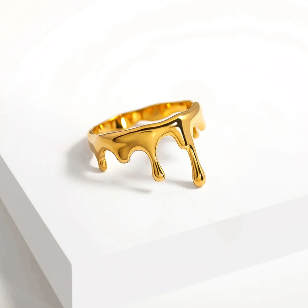18K Gold Plated Stainless Steel Geometric Lava Melt Waterdrop Ring Bride Wed Party