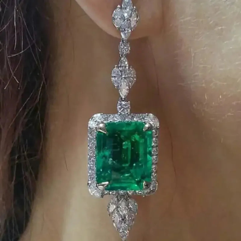 Green Imitation Crystal Flower Pendant Earrings with Metal Leaf Copper Gift