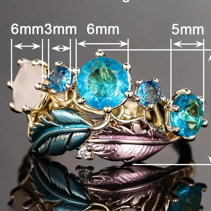 Gold Feather Blue CZ Ring Brass Geometric Wedding Party Jewelry for Women
