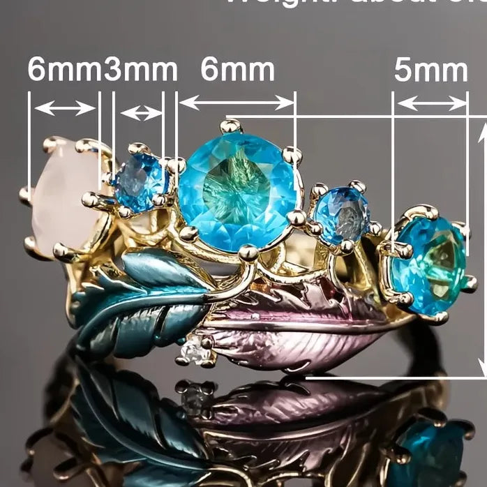 Brass Geometric Feather Ring for Women with CZ Wedding Band Jewelry