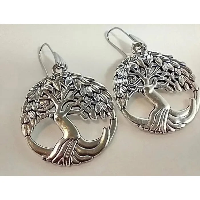Silver Retro Round Tree Pendant Necklace and Earrings Set for Women Jewelry Gift