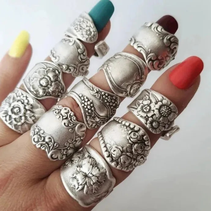 Punk Metal Carved Print Adjustable Silver Ring for Women Men Hip Hop Gift