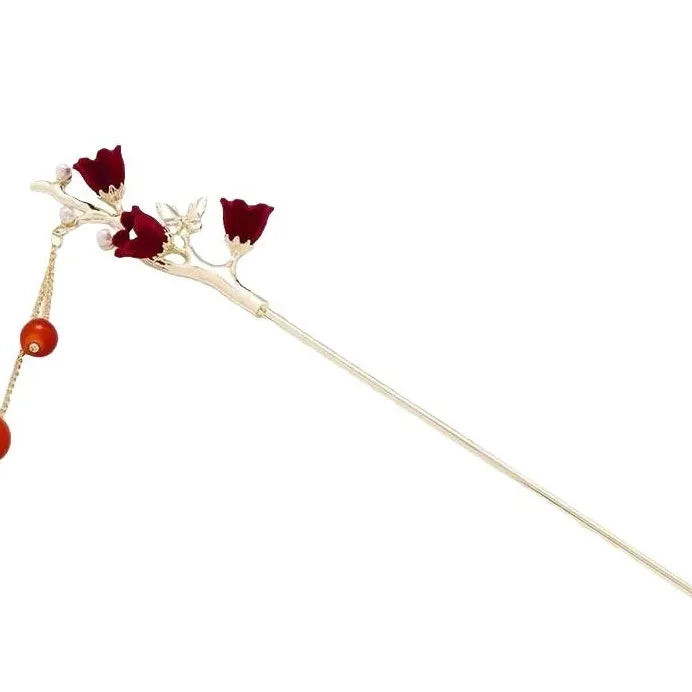 Vintage Chinese Red Rose Alloy Tassel Hair Stick for Women Hairpin