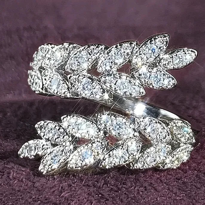 Adjustable Brass Wedding Ring with CZ Leaf Design for Women