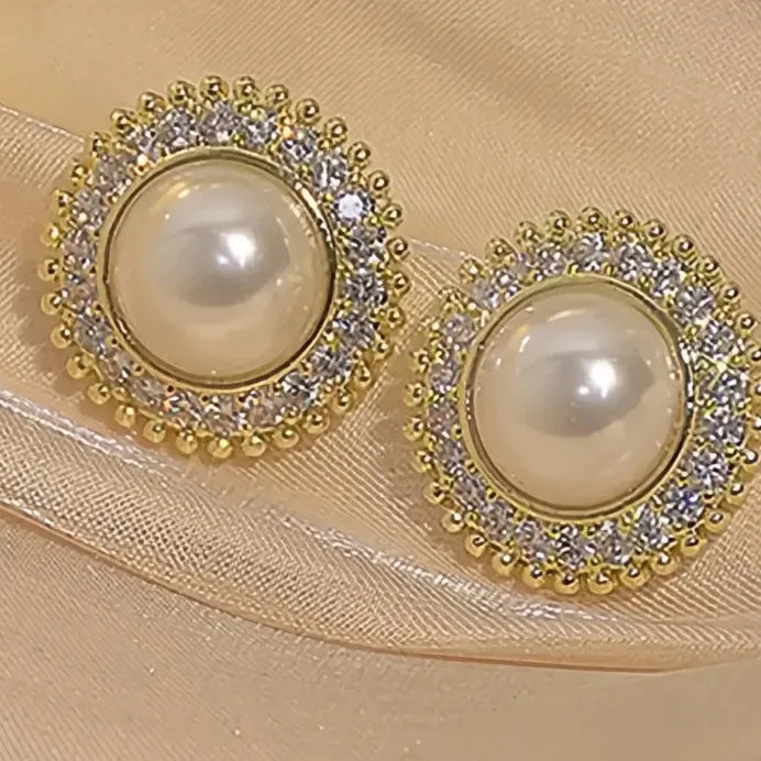 Geometric Pearl Stud Earrings with CZ Inlay for Wedding & Party Wear