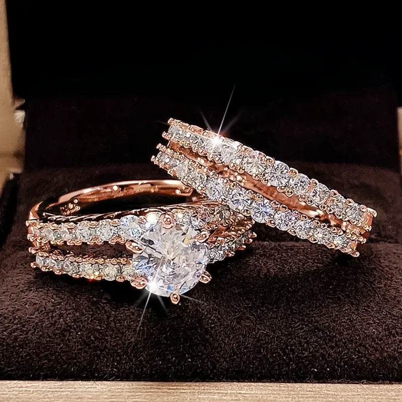 Trendy Hollow Set Rings 2Pcs Full Bling Iced Out CZ Stone Luxury Women Wedding Engagement Jewelry