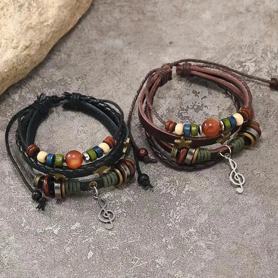 Handmade Brown Leather Hippie Bracelet Women Metal Star Note Charms Wrap Adjustable Boho