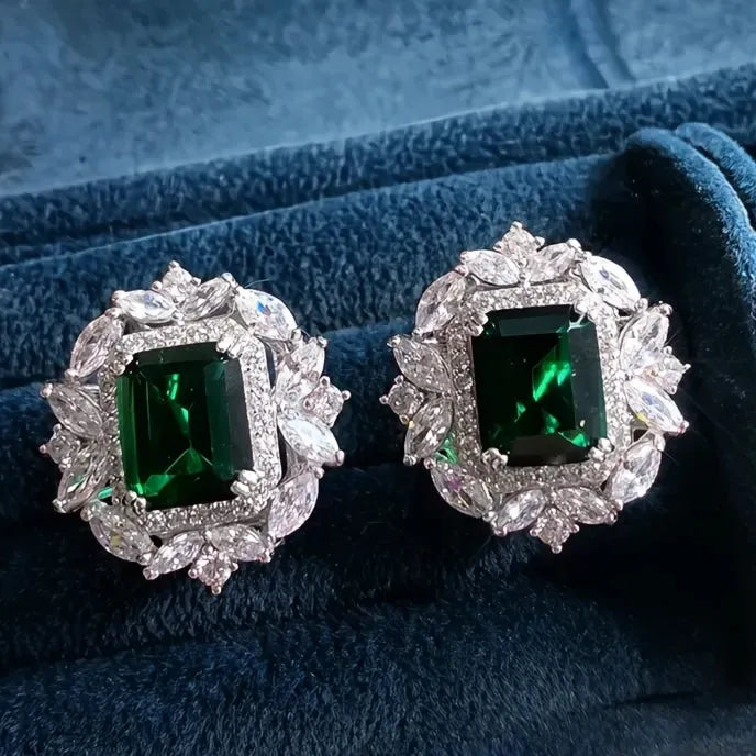 Luxury Women’s Geometric Green Cubic Zirconia Stud Earrings Copper Alloy Jewelry