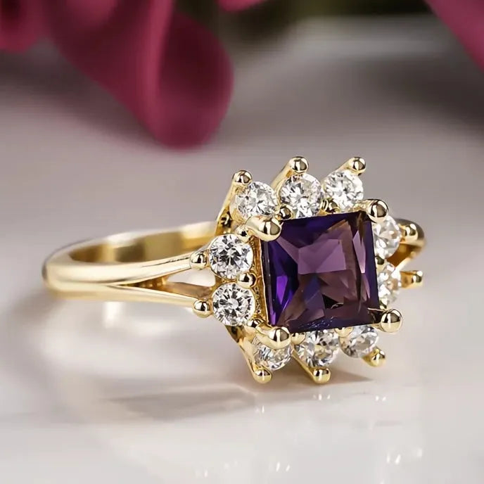 Elegant Gold Color Women’s Ring with Purple Cubic Zirconia Inlay, Trendy Party Wedding Jewelry Gift