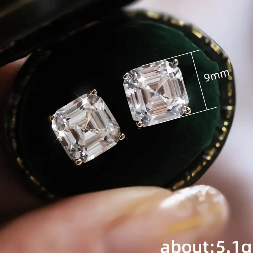 Green Cubic Zirconia Square Stud Earrings for Women in Copper Alloy