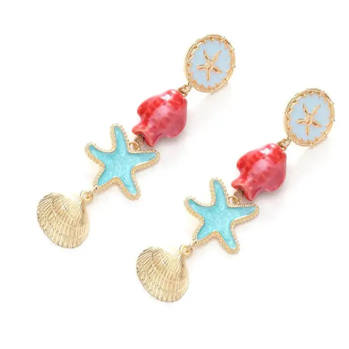 Boho Ceramic Sea Star Shell Fish Drop Earrings for Women Beach Jewelry Vacation