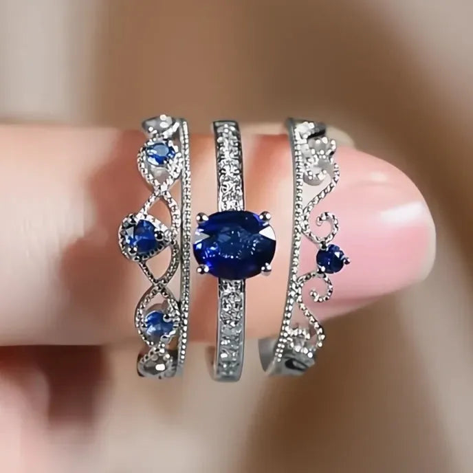 Noble Blue Cubic Zirconia 3Pcs Rings Set for Women Wedding Party Silver Color Luxury Fashion Jewelry
