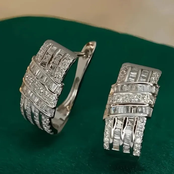 Geometric Silver Knot Hoop Earrings with Shiny CZ Stones for Weddings