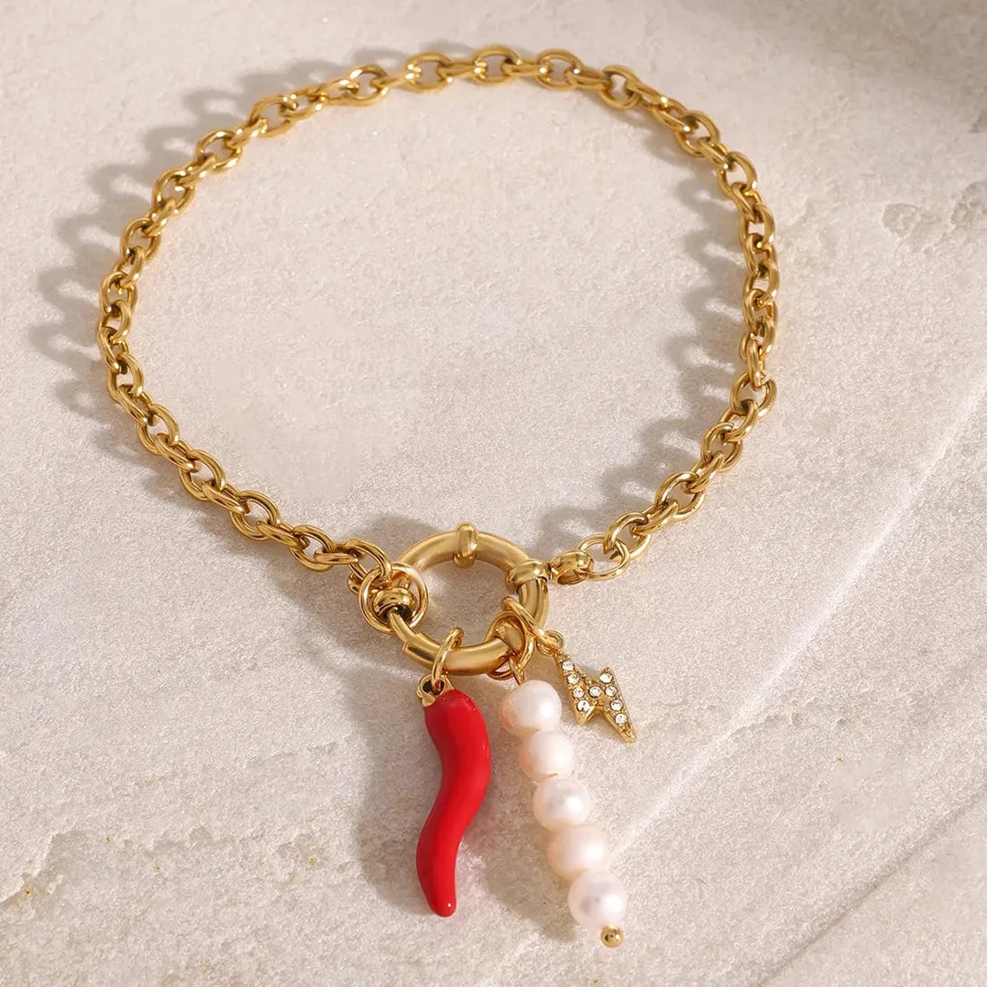 18k Gold Plated Red Chili Pepper Pearl Charm Bracelet Stainless Steel Women Jewelry