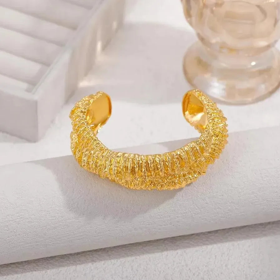 18K Gold Plated Stainless Steel Lava Textured Multi-layer Open Cuff Bracelet