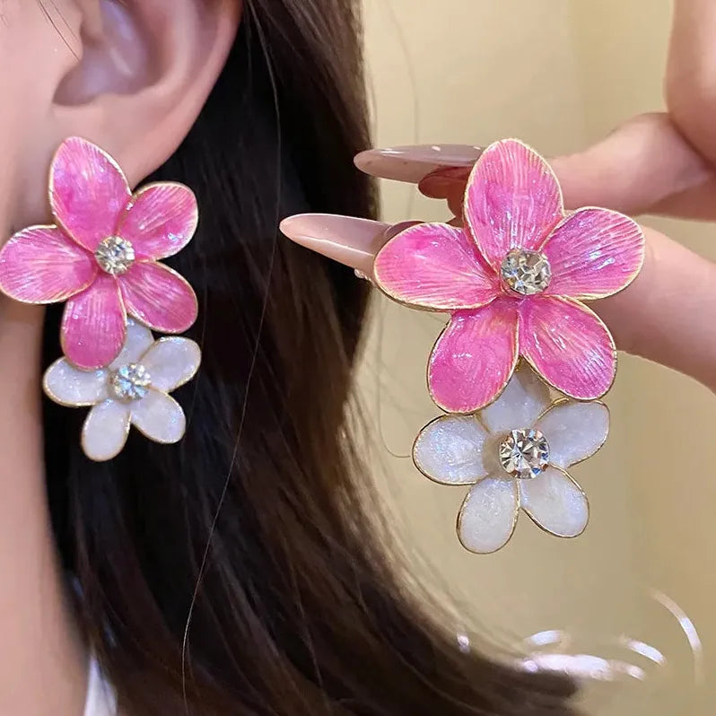 Vintage Double Layer Dripping Oil Flower Drop Earrings for Women Girls Stylish
