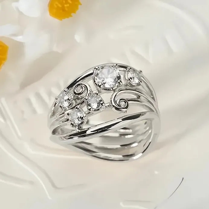Elegant Brass Cubic Zirconia Geometric Hollow Ring for Women