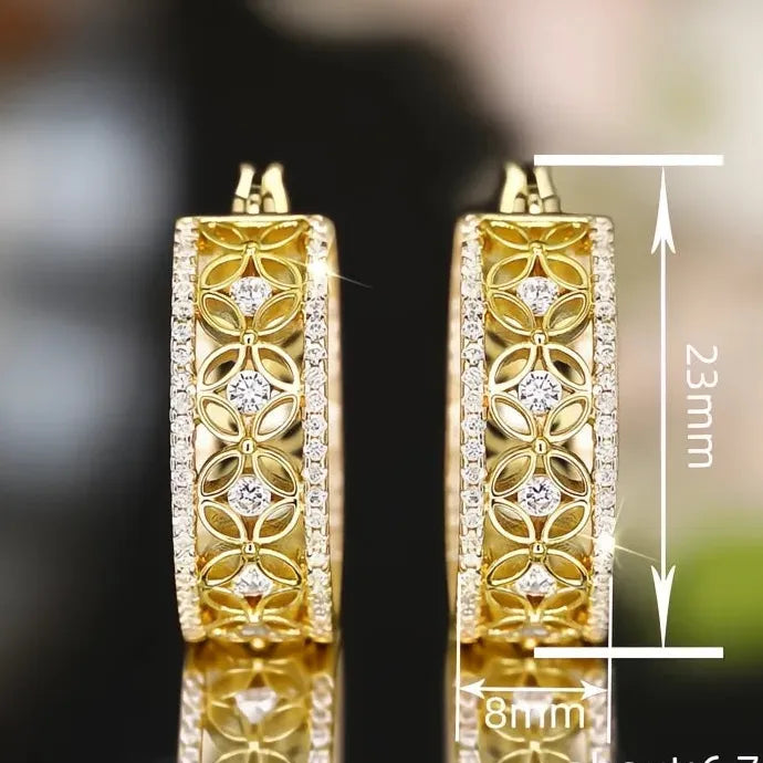 Delicate Hollow-Out Geometric Hoop Earrings with Cubic Zirconia, Gold Tone