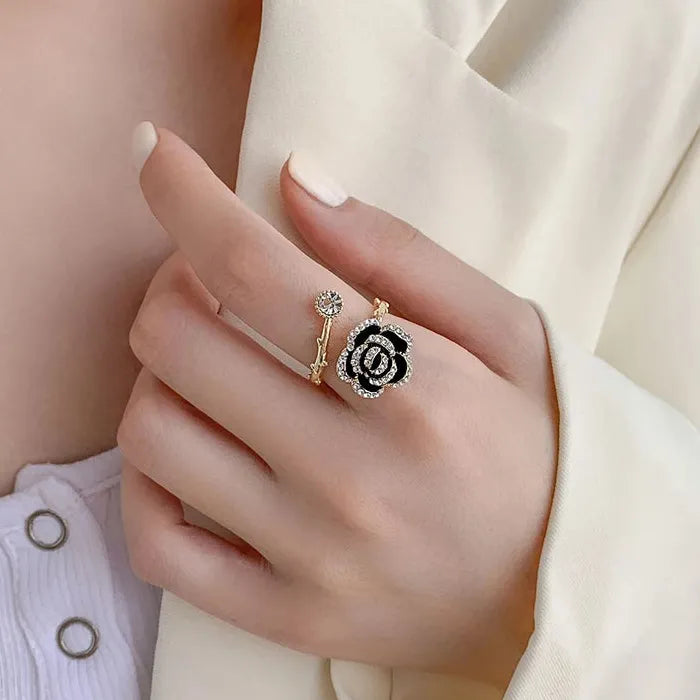 Black Rose Flower Metal Opening Ring for Women Girls with Zircon Jewelry
