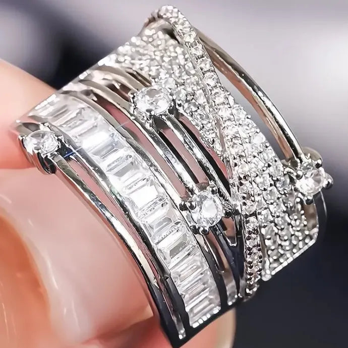 Hollow Out Multilayer Women’s CZ Ring Brass Geometric Luxury Party Jewelry