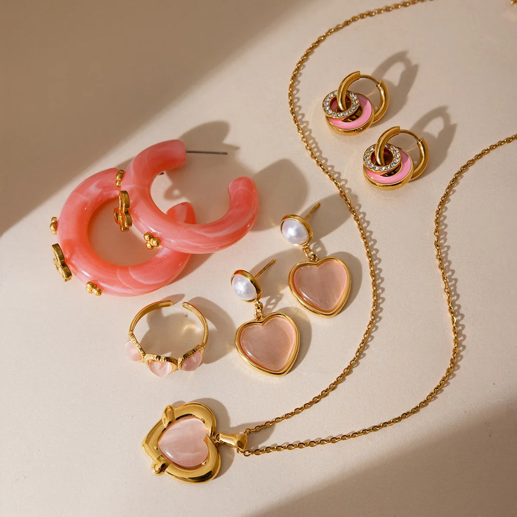 Pink Opal Love Heart Drop Earrings 18K Gold Plated Double Circle Hoops Bridal Jewelry