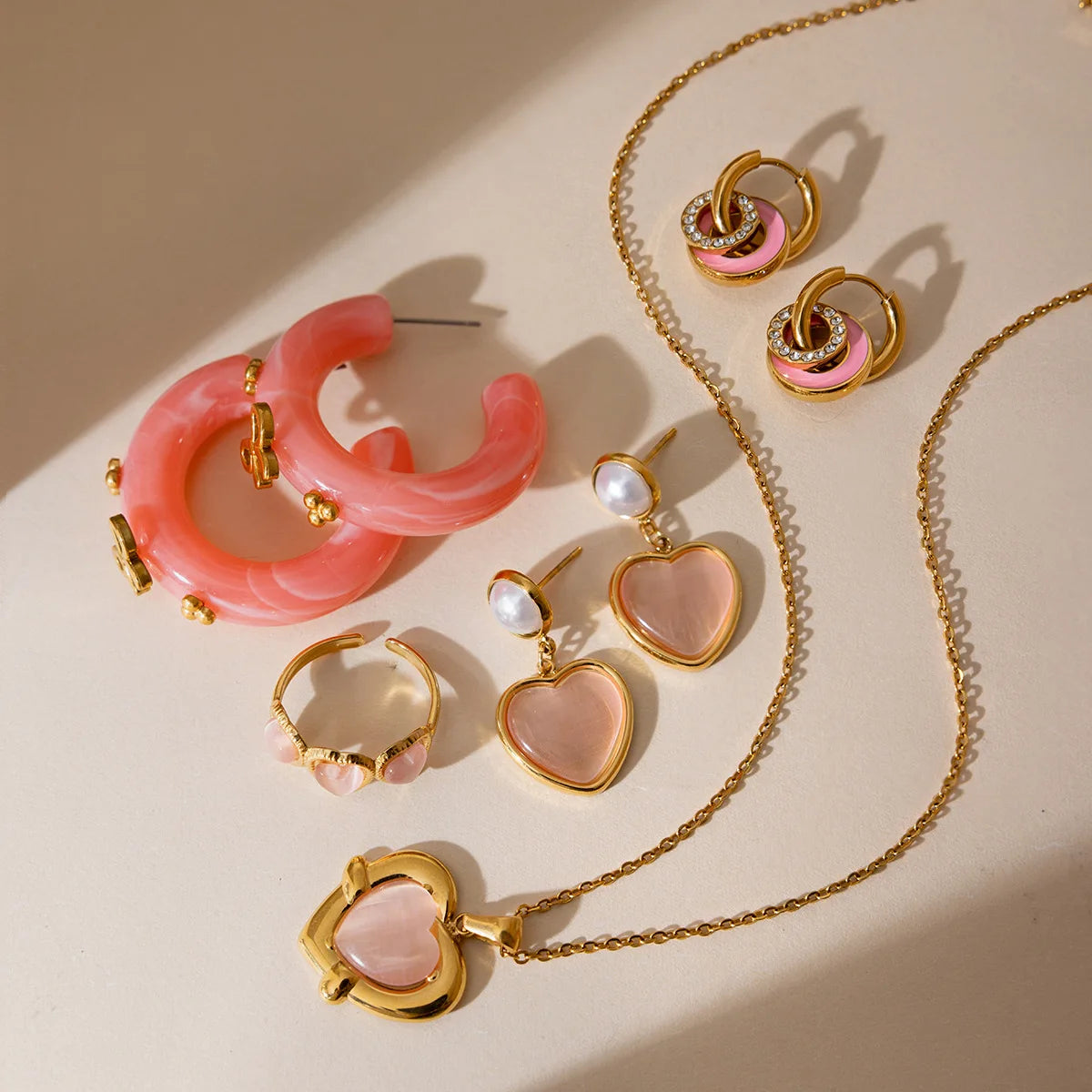 Pink Opal Love Heart Drop Earrings 18K Gold Plated Double Circle Hoops Bridal Jewelry