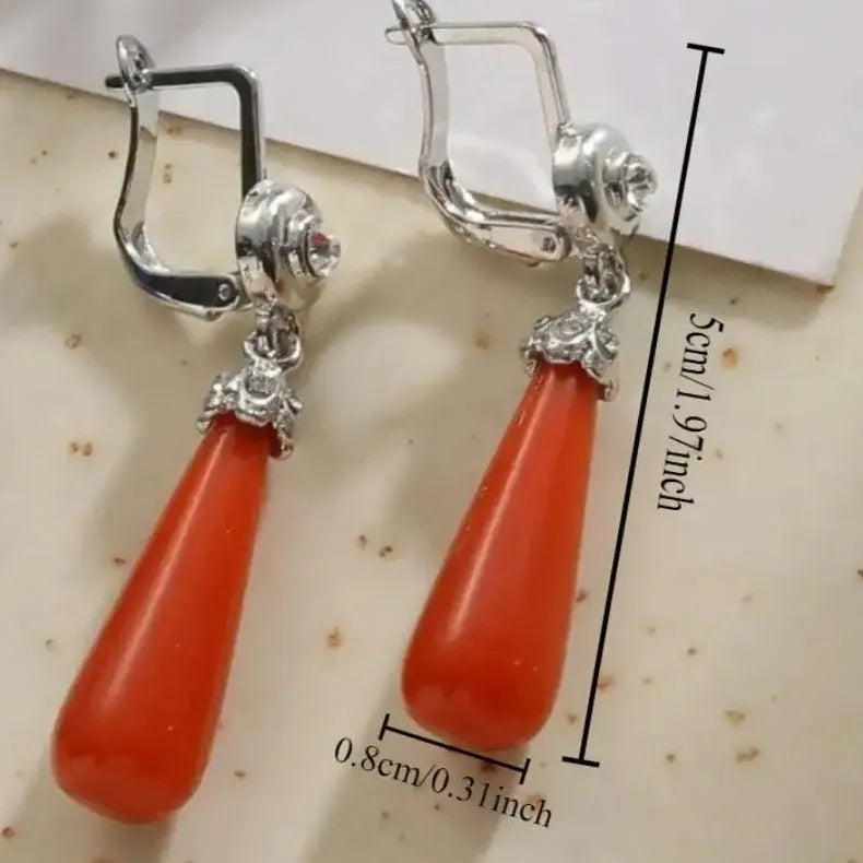 Vintage Copper Drop Earrings with Sparkling Zircon Red Coral Stone for Women