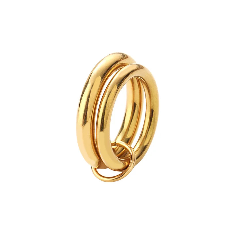 18K Gold Plated Stainless Steel Double Round Finger Ring for Women Waterproof Hiphop Jewelry