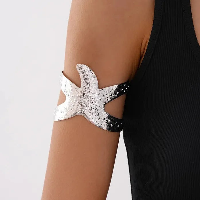 Bohemia Metal Large Starfish Hammer Texture Adjustable Bangle Bracelet Women