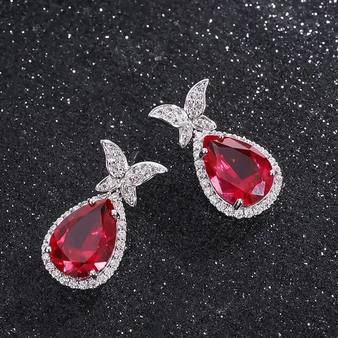 Pear Shaped Red Cubic Zirconia Geometric Butterfly Drop Earrings Women