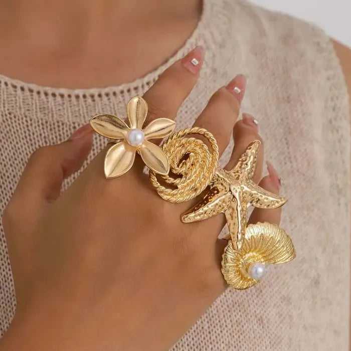 Vintage Gothic Large Metal Starfish Flower Adjustable Ring Women Trendy Jewelry
