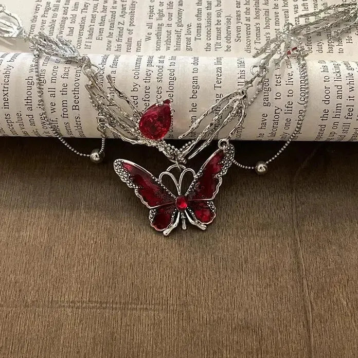 Gothic Red Crystal Butterfly Pendant Silver Ghost Claw Short Choker Necklace Women Jewelry