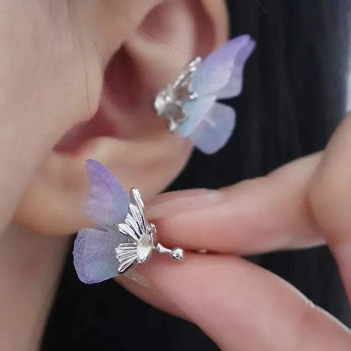 Blue Tulle Butterfly Clip-On Earrings for Women No Piercing Fashion Jewelry
