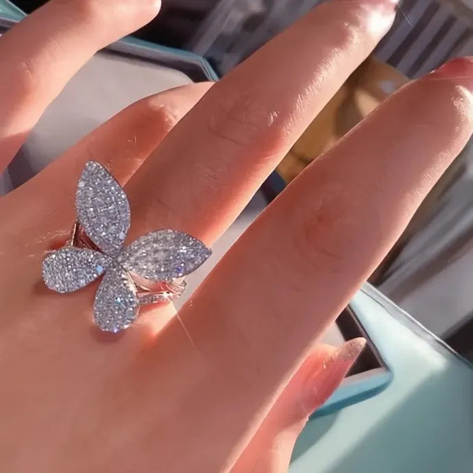 Silver Butterfly White CZ Wedding Ring Brass Geometric Band for Women