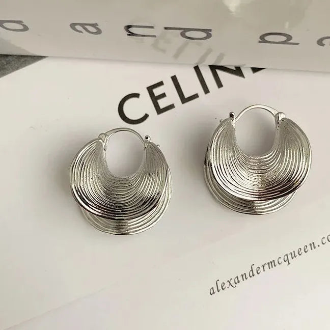 Geometric Irregular Striped Large Gold Metal Drop Earrings for Women
