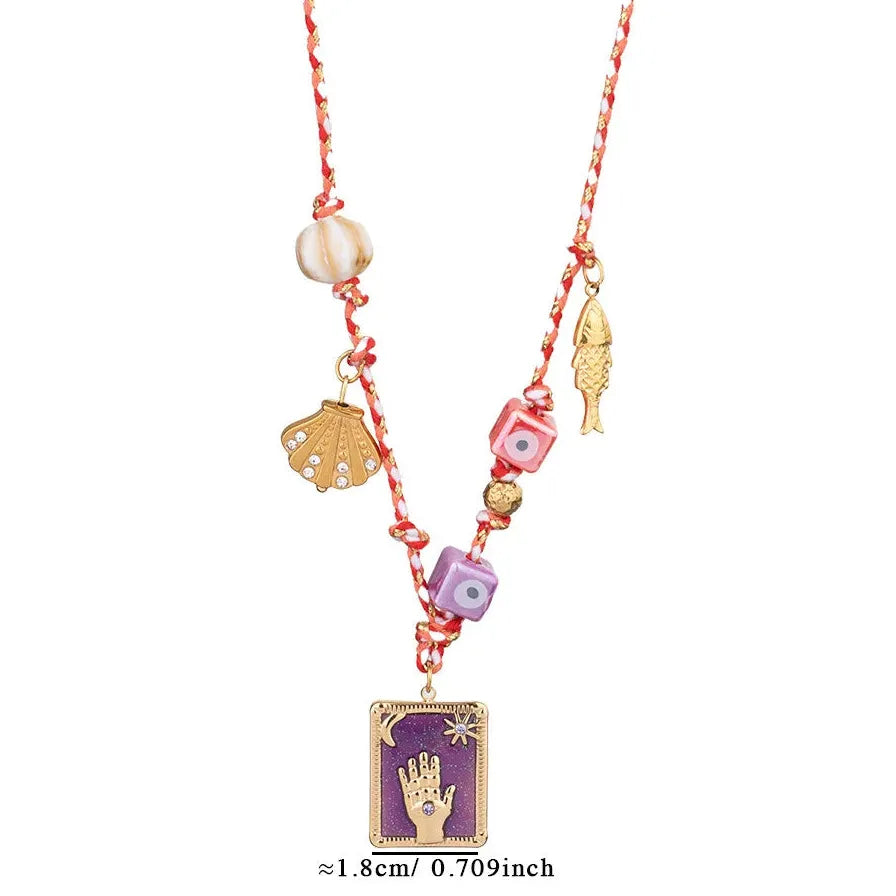 Multi-Color Oil Drip Enamel Tarot Card Pendant Necklace Stainless Steel Chain
