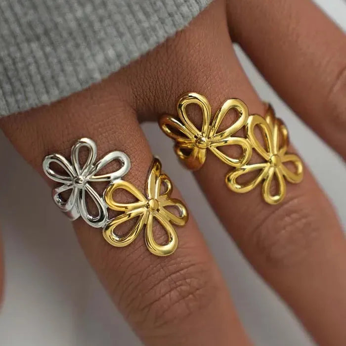 Adjustable Gold Color Stainless Steel Flower Ring Women Geometric Jewelry