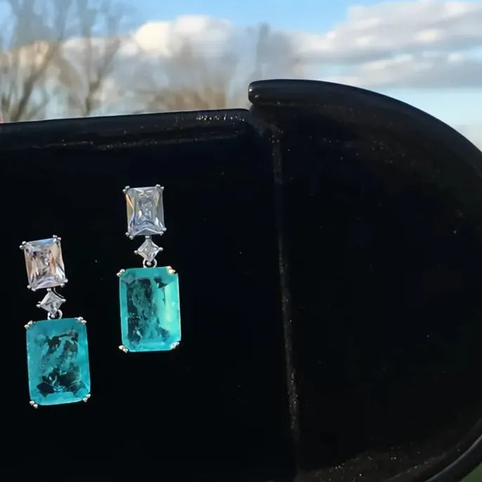 Blue Geometric Cubic Zirconia Drop Earrings Elegant Wedding Gift Jewelry