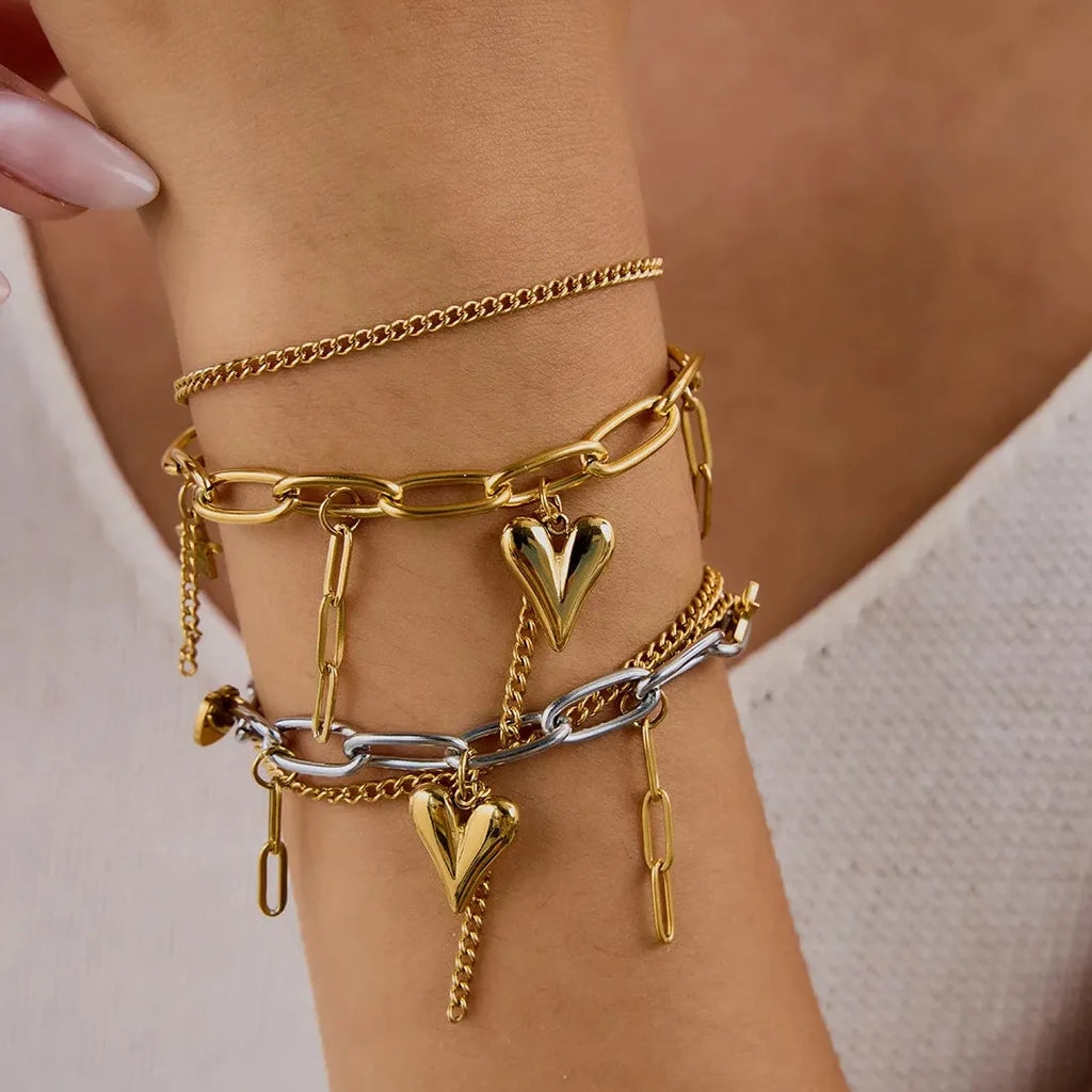 Adjustable Stainless Steel Two Tone Heart Tassel Chain Bracelet Vintage Jewelry
