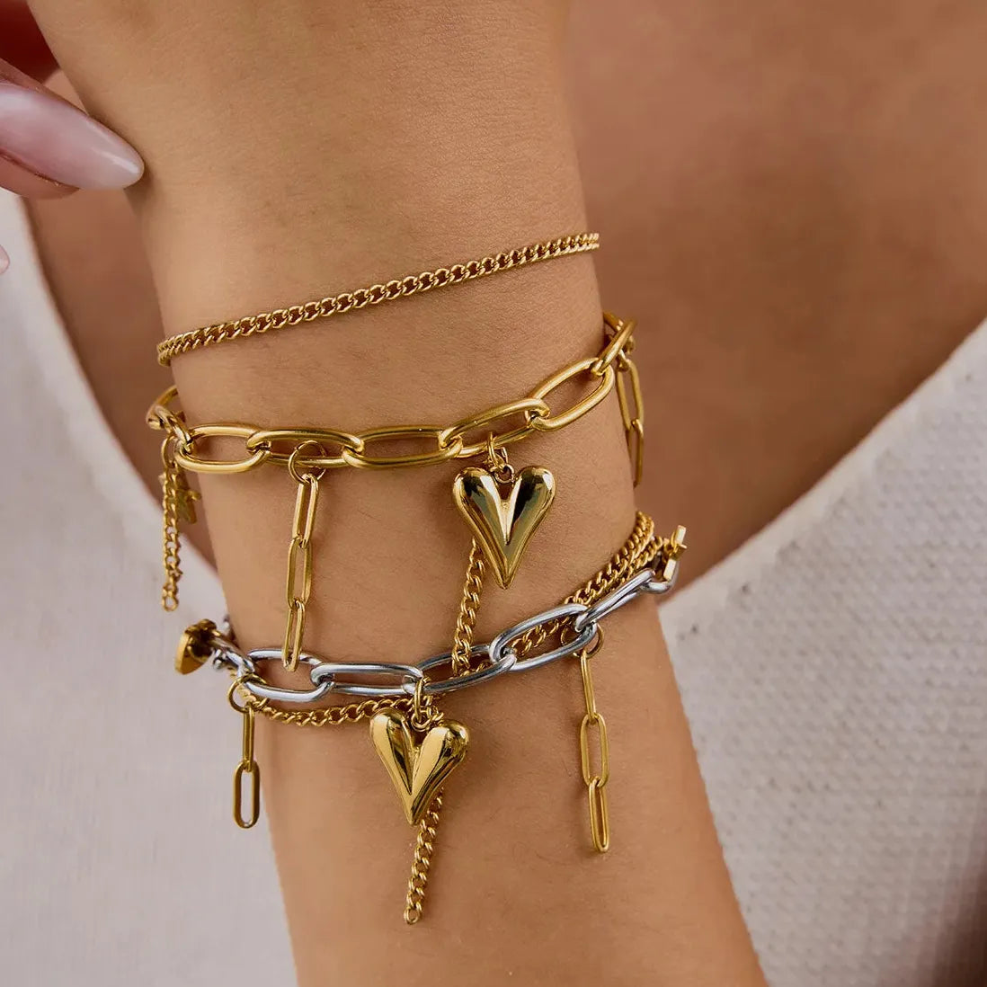 Adjustable Stainless Steel Two Tone Heart Tassel Chain Bracelet Vintage Jewelry