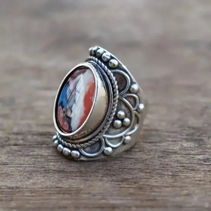 Vintage Silver Wide Face Artificial Stone Ring for Women Türkiye Wedding Jewelry
