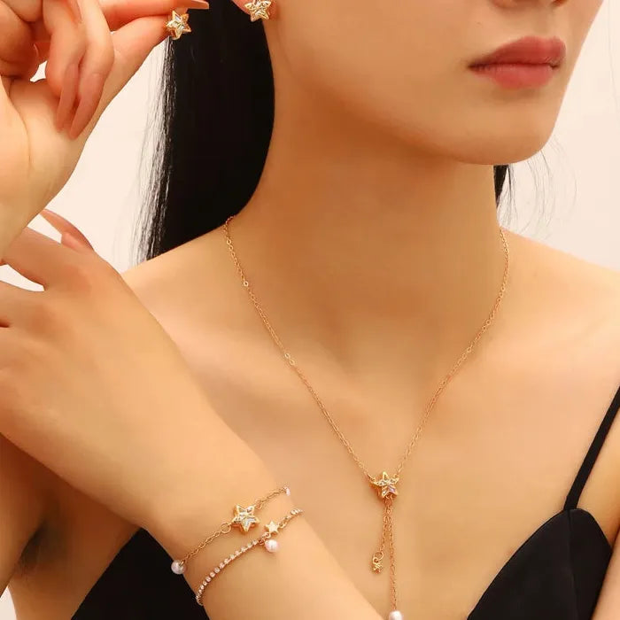 Zinc Alloy Star Zircon Stud Earrings with Bow Pearl Necklace & Bracelet Set