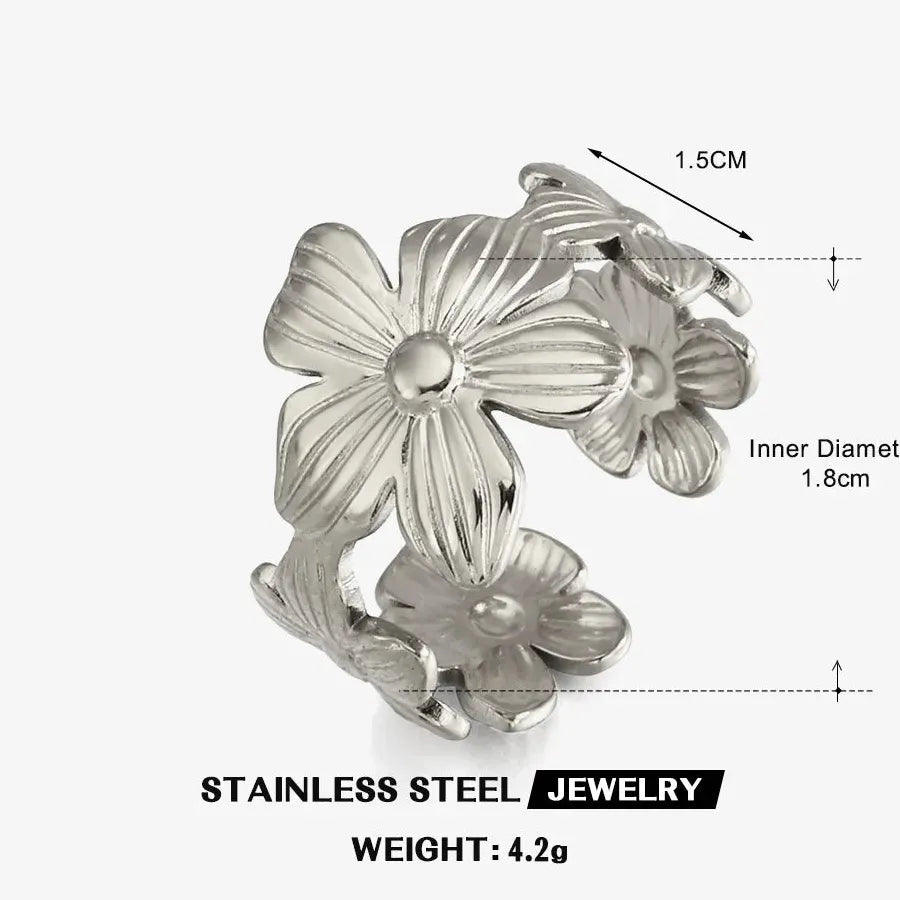 Adjustable Stainless Steel Flower Plant Ring for Women and Girls Jewelry