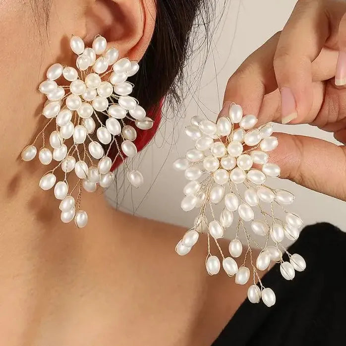 Vintage Imitation Pearl Flower Earrings for Women Handmade Beaded Tassel Jewelry