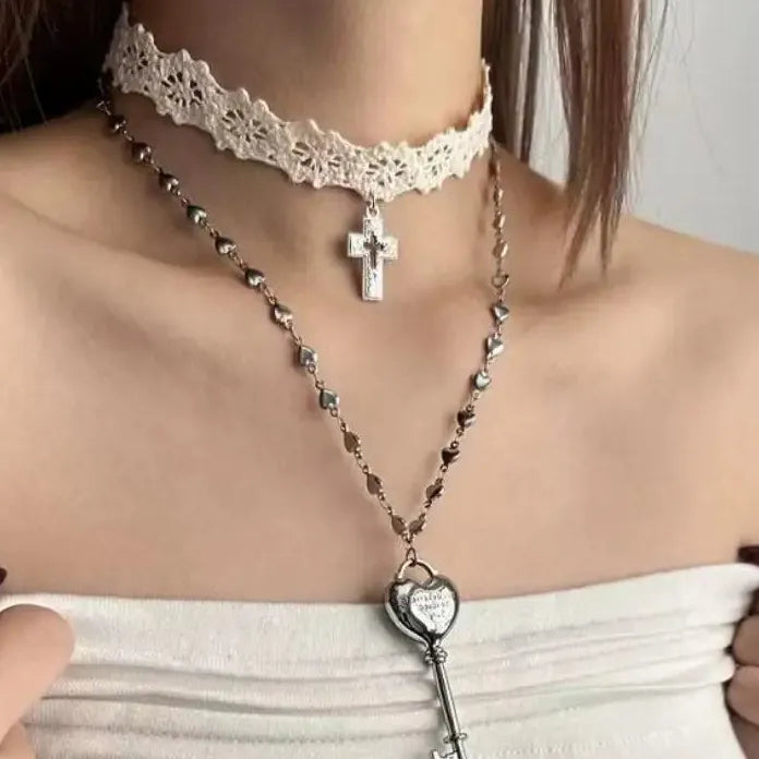 Y2K White Lace Cross Strap Key Pendant Choker Necklace for Women Jewelry