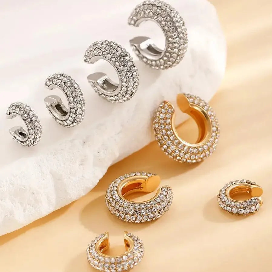 Vintage Round C Shape Cartilage Clip Earrings for Women Copper Rhinestone Jewelry