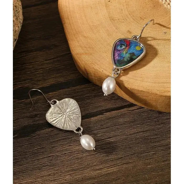 Vintage Geometric Antique Silver Resin Drop Earrings with Imitation Pearl Pendant Gift