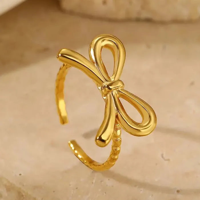 Adjustable Stainless Steel Gold Bowknot Ring for Women Fashion Jewelry Gift